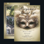 Invitation Mascarade Dorée Anniversaire 16 Ans Photo Naissanc<br><div class="desc">Personnalisez comme vous le souhaitez.

Remplacez la photo au dos par votre propre photo ou supprimez complètement la photo.</div>