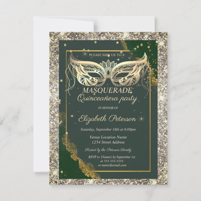 Invitation Mascarade dorée paillettes vert Quinceañera (Devant)