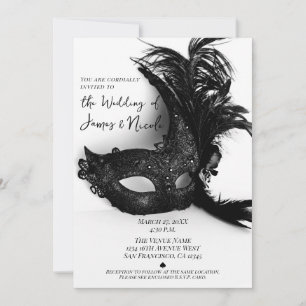 Invitation Mascarade Élégante à Plumes Mariage Noir et Blanc