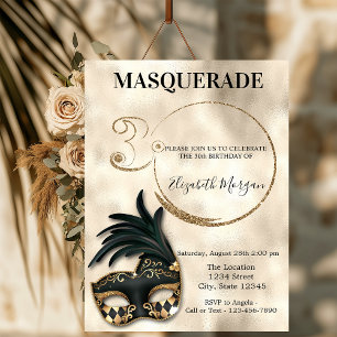 Invitation Mascarade Élégante Or 30e Anniversaire