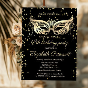 Invitation Mascarade Élégante Or Diamants 18ème Anniversaire