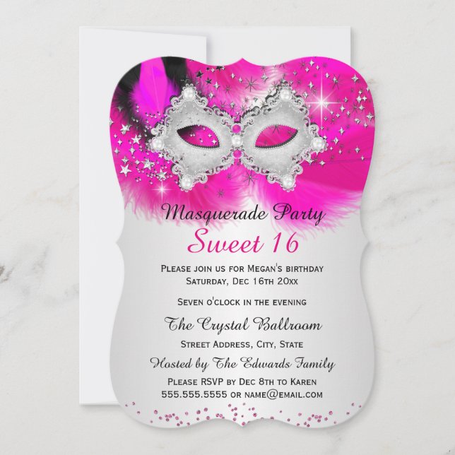 Invitation Mascarade en argent rose chaud doux 16 en dentelle (Devant)