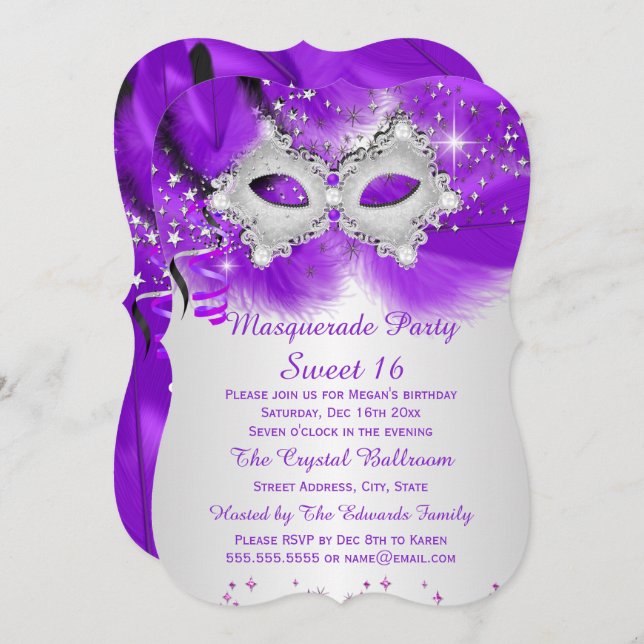Invitation Mascarade en argent violet doux 16 fêtes Mascarade (Devant / Derrière)
