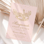 Invitation Mascarade en or noir masque parties scintillant Sw<br><div class="desc">Un sweet sixteen moderne,  chic et glamour avec une parties scintillant en or dessinée à la main masque mascarade avec parties scintillant en or scintille sur un arrière - plan rose éditable avec parties scintillant en or à l'arrière.</div>