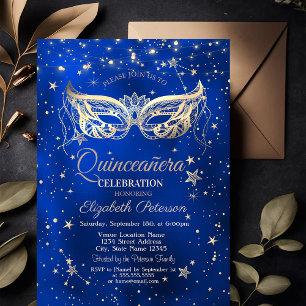 Invitation Mascarade, Étoiles Dorées Quinceañera Bleue