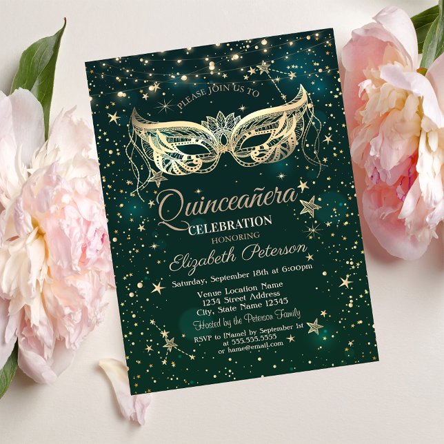 Invitation Mascarade, Étoiles Vertes Quinceañera (Créateur téléchargé)