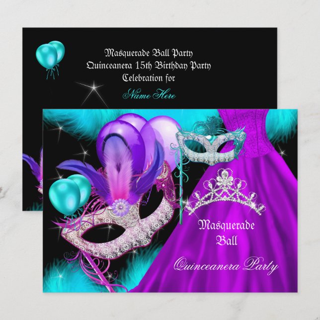Invitation Mascarade Fête de 15 ans Teal Violet (Devant / Derrière)