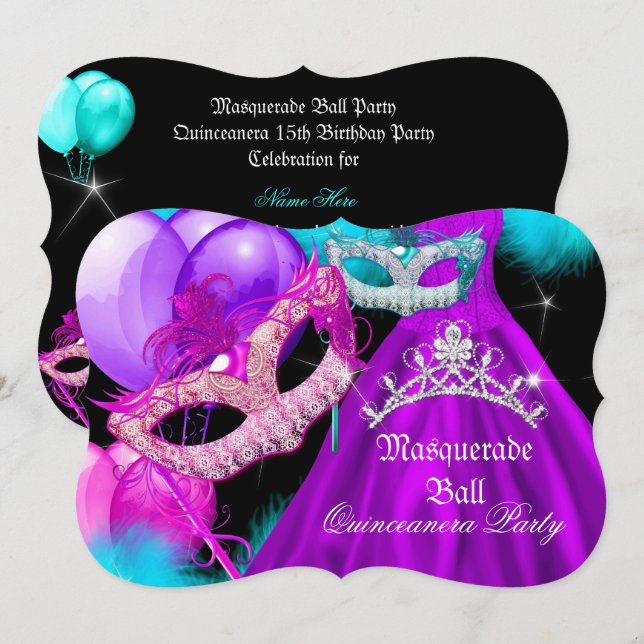 Invitation Mascarade Fête de 15 ans Teal Violet Rose (Devant / Derrière)