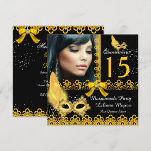 Invitation Mascarade Fête de Quinceañera Jaune Or Dentelle