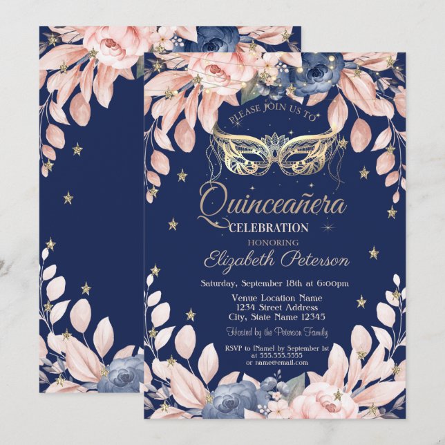 Invitation Mascarade, Fleurs Bleues, Étoiles Dorées Quinceañe (Devant / Derrière)