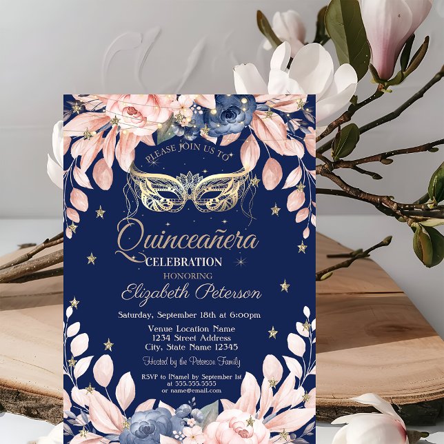 Invitation Mascarade, Fleurs Bleues, Étoiles Dorées Quinceañe (Créateur téléchargé)