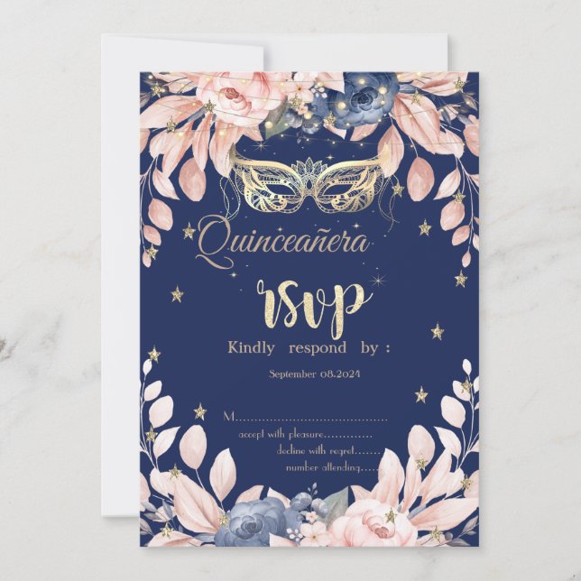 Invitation Mascarade, Fleurs Bleues Étoiles RSVP (Devant)