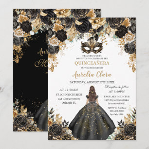 Invitation Mascarade Florale d'or noir Quinceañera