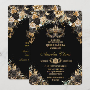 Invitation Mascarade Florale d'or noir Quinceañera