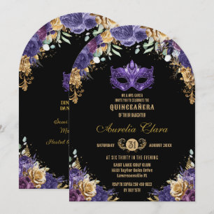 Invitation Mascarade Florale d'or violet Quinceañera