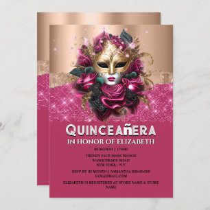 Invitation Mascarade florale rose or Quinceañera anniversaire