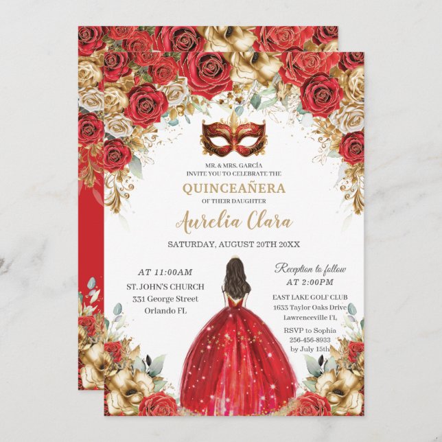 Invitation Mascarade florale rouge et or Quinceañera (Devant / Derrière)