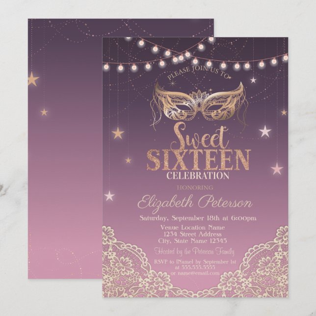 Invitation Mascarade,Guirlandes,Lace Sweet 16 (Devant / Derrière)