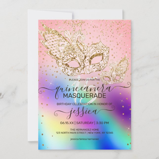 Invitation Mascarade Holographique Parties scintillant Or Qui (Devant)