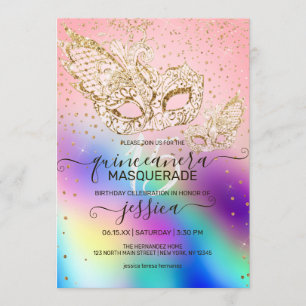 Invitation Mascarade Holographique Parties scintillant Or Qui