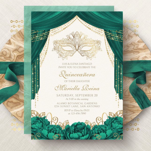 Invitation Mascarade Mascarade Emeraude Quinceanera verte (Créateur téléchargé)