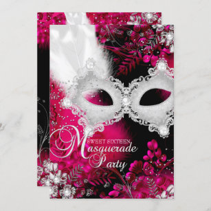 Invitation Mascarade Mascarade rose et blanc étincelant 16
