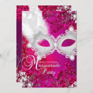Invitation Mascarade Mascarade rose et blanc étincelant 16