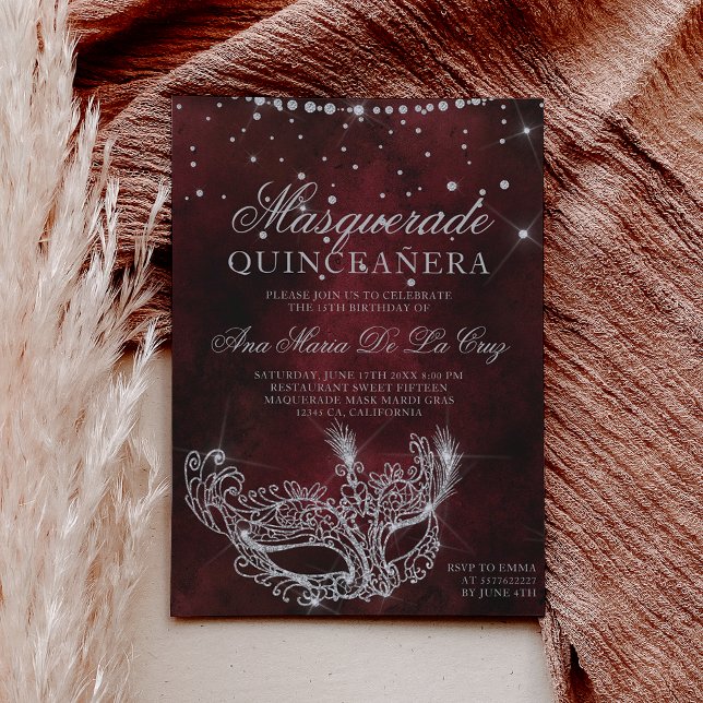 Invitation Mascarade masque argent rouge parties scintillant  (Masquerade mask red silver glitter quinceanera invitation)
