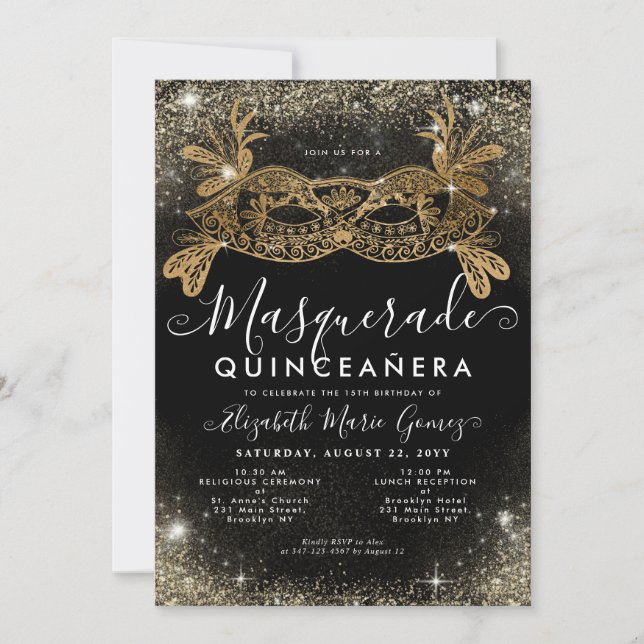Invitation Mascarade Masque Black Gold Parties scintillant Qu (Devant)