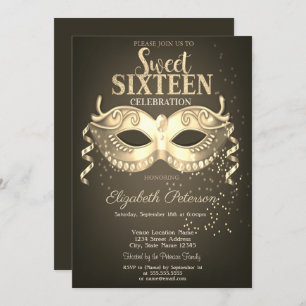 Invitation Mascarade, Masque, Confetti Sweet 16 Or