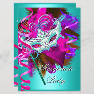 Invitation Mascarade Masque de fête Turquoise rose métal
