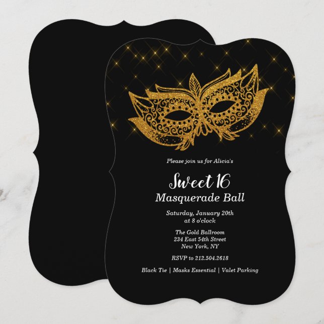 Invitation Mascarade Masque Doré pour Sweet 16 (Devant / Derrière)