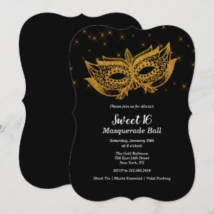 Invitation Mascarade Masque Doré pour Sweet 16
