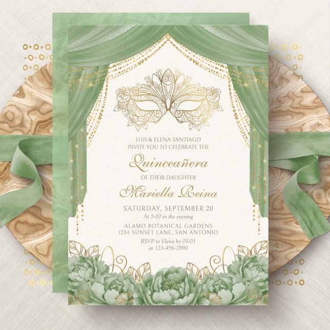 Invitation Mascarade Masque moderne Sage Green Quinceanera (Créateur téléchargé)