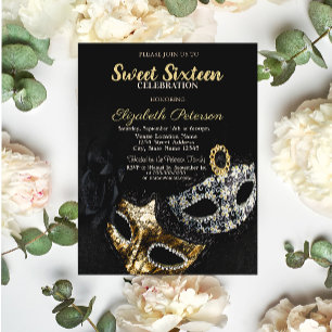 Invitation Mascarade,Masque,Noir,Confettis Sweet 16