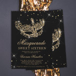 Invitation Mascarade masque or noir parties scintillant Sweet<br><div class="desc">Un sweet sixteen moderne,  chic et glamour avec une parties scintillant en or dessinée à la main masque mascarade avec parties scintillant or scintille sur un arrière - plan noir modifiable.</div>