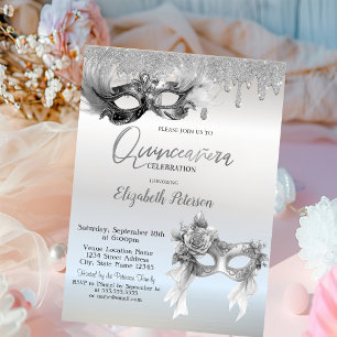 Invitation Mascarade Masque Paillettes Gouttes Argent Quincea