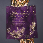 Invitation Mascarade masque parties scintillant or violet Swe<br><div class="desc">Un sweet sixteen moderne,  chic et glamour avec une parties scintillant en or dessinée à la main masque mascarade avec parties scintillant en or rose scintille sur un arrière - plan d'aquarelle violet foncé.</div>