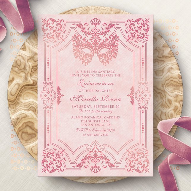 Invitation Mascarade Masque Pink Elegant Quinceanera (Créateur téléchargé)