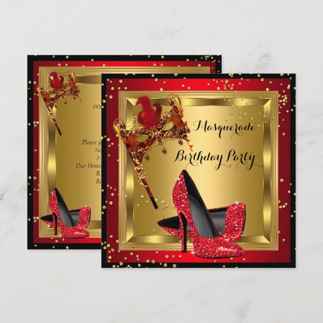 Invitation Mascarade Masque Talon Haut Chaussure Rouge Annive (Devant / Derrière)