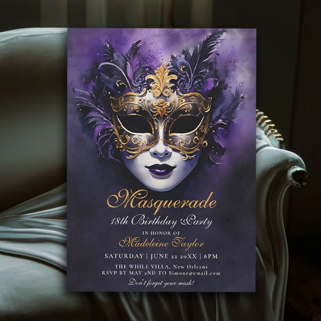 Invitation Mascarade Masque vénitien or violet 18e anniversai (masquerade 18th birthday party invitation glam gold purple venetian mask)