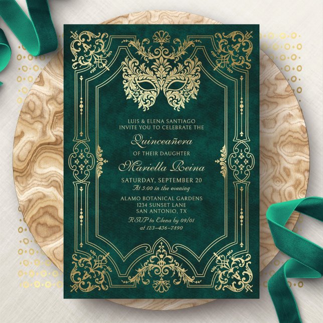 Invitation Mascarade Masque Vert Elégant Quinceanera (Créateur téléchargé)
