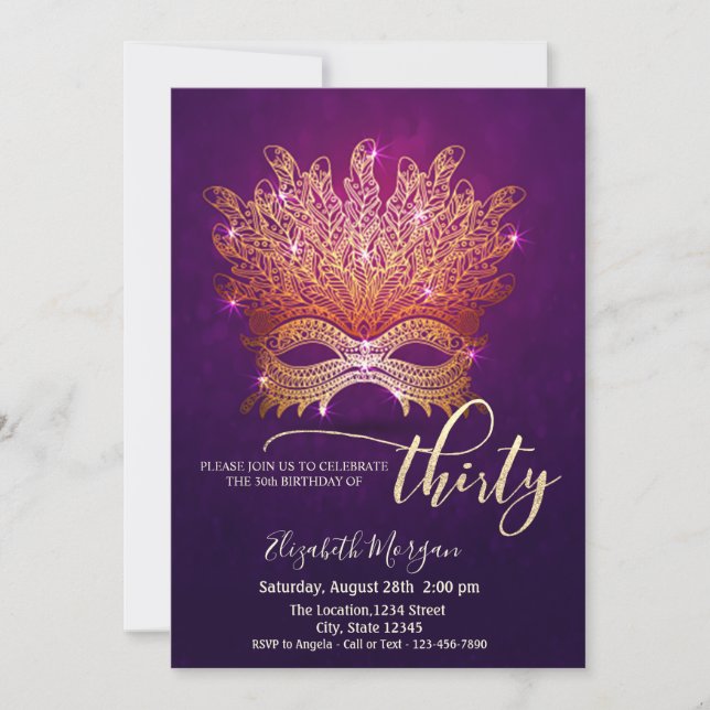 Invitation Mascarade, Masque Violet 30e Anniversaire  (Devant)