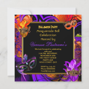 Invitation Mascarade Masqué Violet Orange Fête d'Halloween