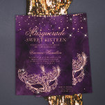Invitation Mascarade masque violet rose or parties scintillan<br><div class="desc">Un sweet sixteen moderne,  chic et glamour avec une parties scintillant en or rose dessinée à la main masque mascarade avec parties scintillant en or rose scintille sur un arrière - plan d'aquarelle violet foncé.</div>