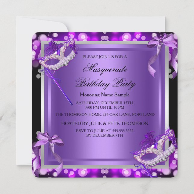Invitation Mascarade Masques Rose Violet Anniversaire 2 (Devant)