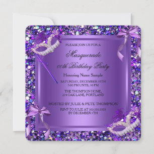 Invitation Mascarade Masques Violets Pailletés Anniversaire