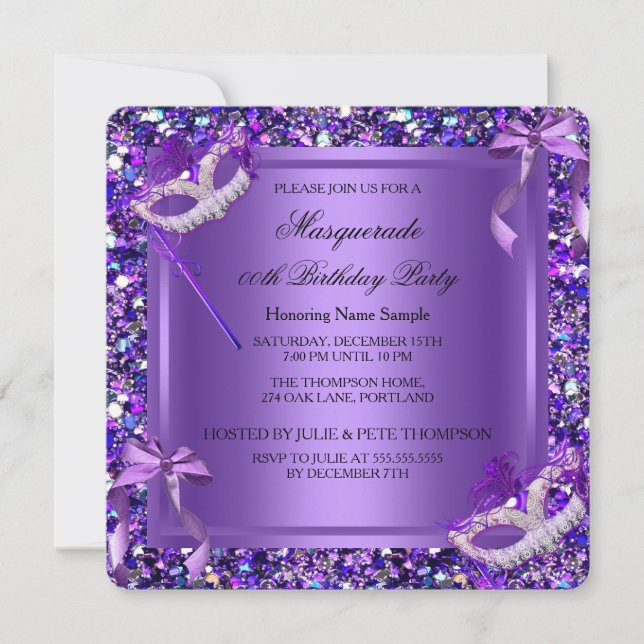 Invitation Mascarade Masques Violets Pailletés Anniversaire (Devant)