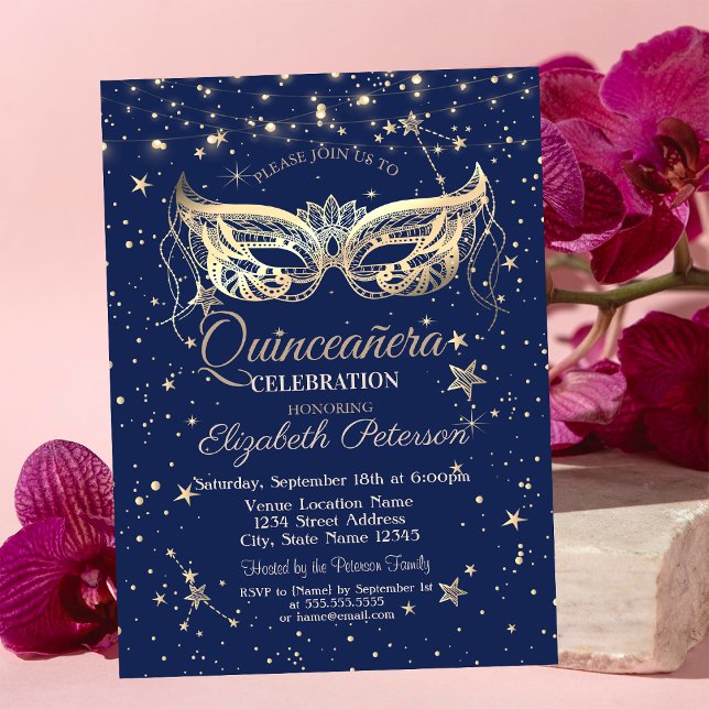 Invitation Mascarade, Navy Blue Stars  Quinceañera (Créateur téléchargé)