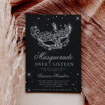 Invitation Mascarade noir argent masque parties scintillant S<br><div class="desc">Un sweet sixteen moderne,  chic et glamour avec un masque de mascarade en parties scintillant argentée dessiné à la main avec un diamant en parties scintillant argentée brille sur un arrière - plan noir éditable avec parties scintillant en argent à l'arrière.</div>